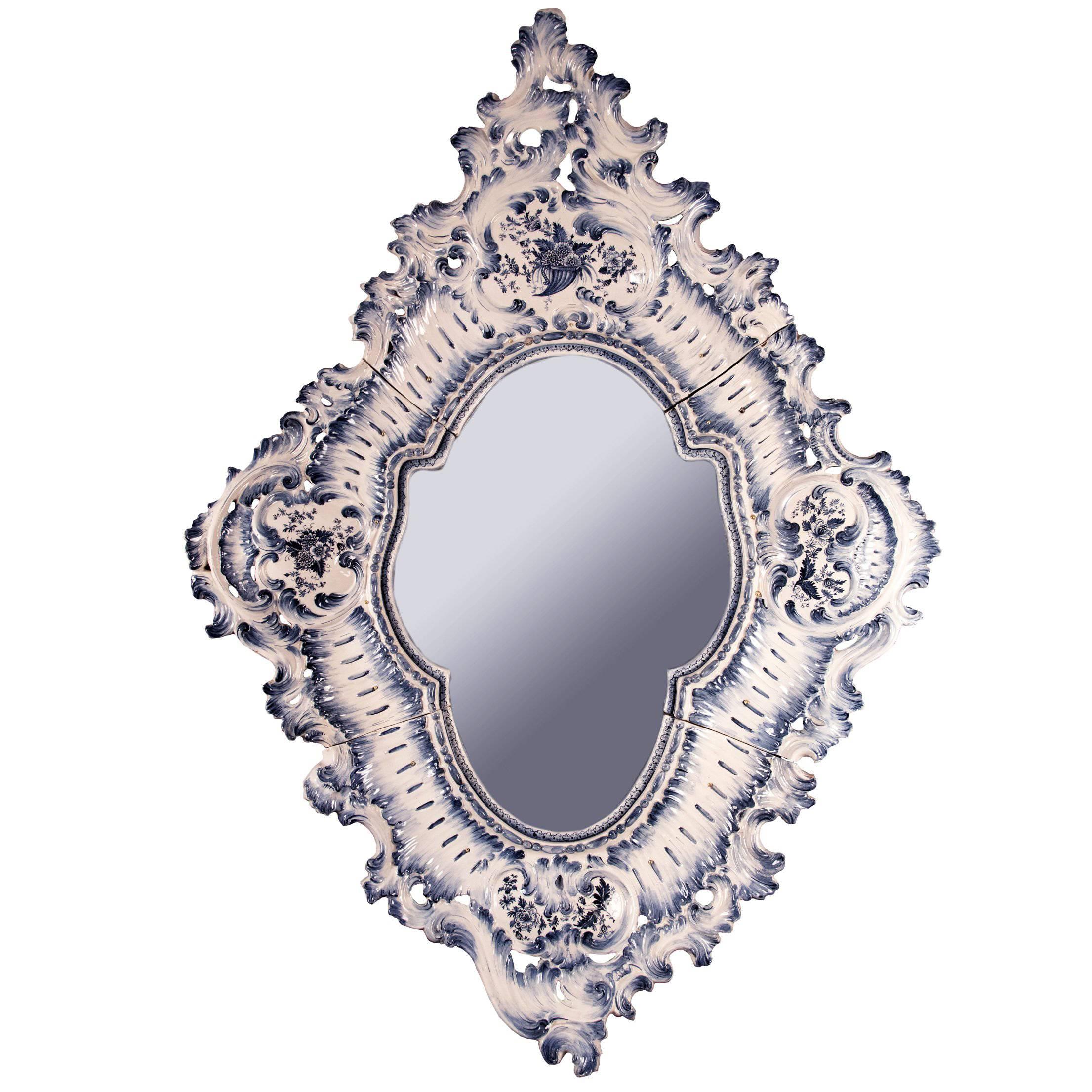 Delft Porcelain Rococo-style Mirror with Metal Mirror Plate