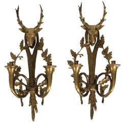 Pair of Early 20th Century Bronze Stag Head Sconces