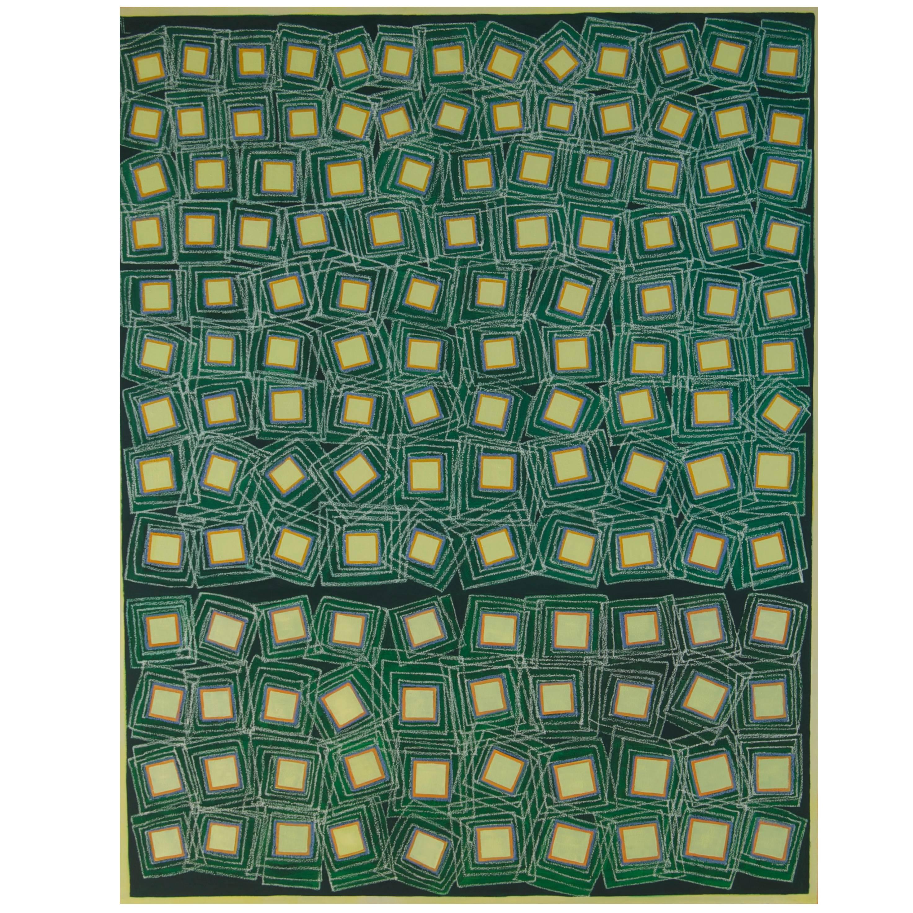Abstract Painting Titled Yellow Squares on Green by Artist Tina Bluefield For Sale