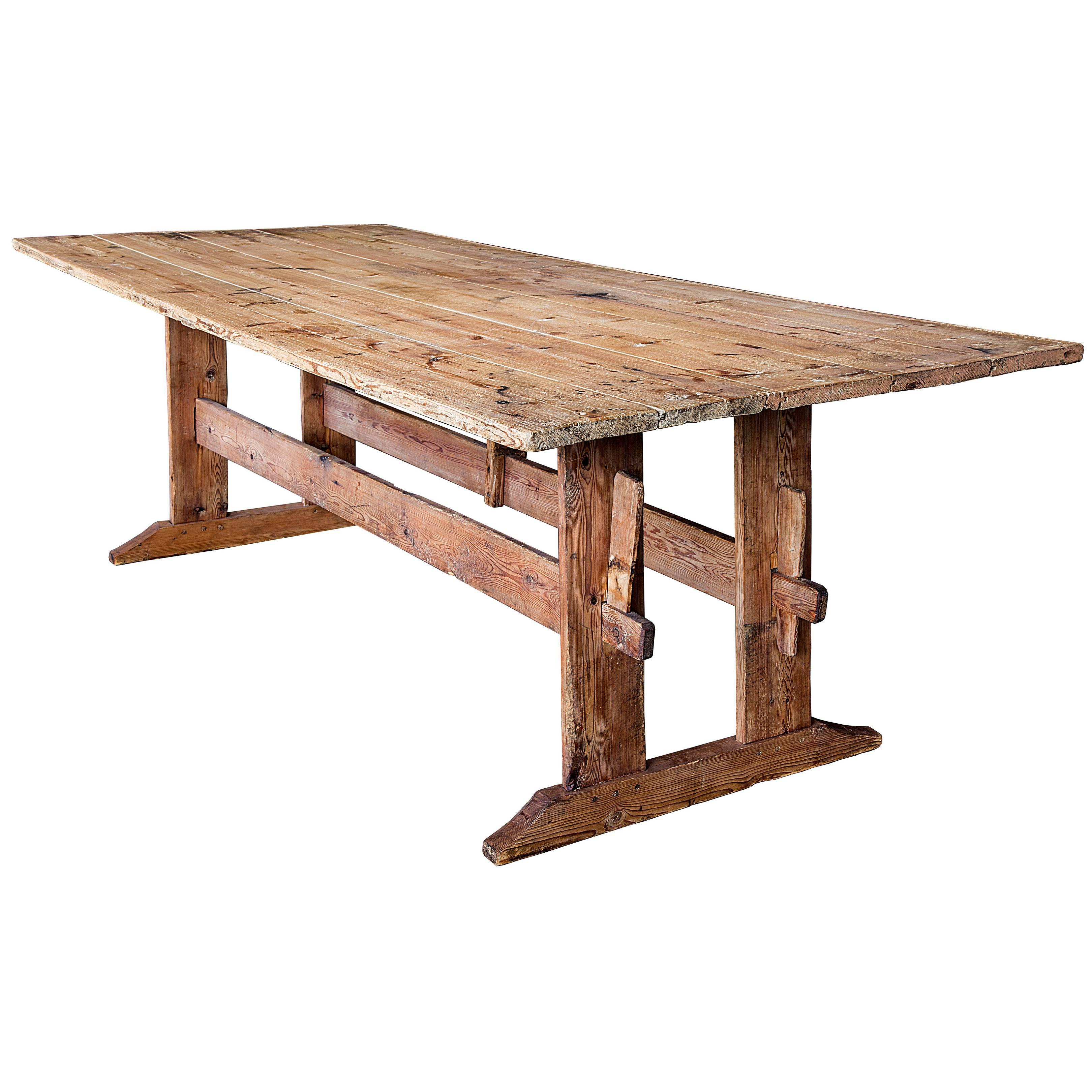 19th Century Swedish Double Trestle Bare Table For Sale