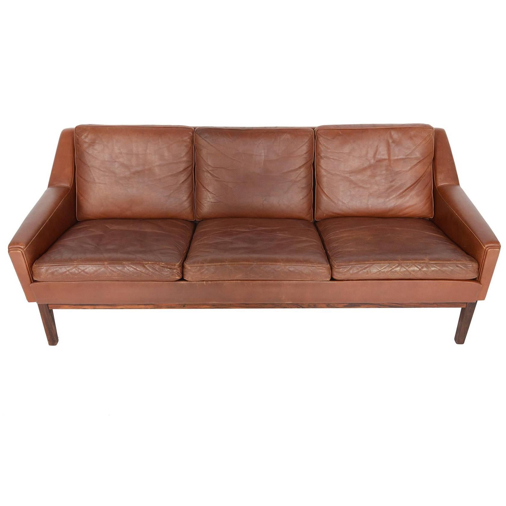 Danish Mid-Century Modern Sofa in Rosewood + Patinated Rust Leather