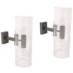 Pair of Italian Sconces in Controlled Bubble Glass and Silvered Metal