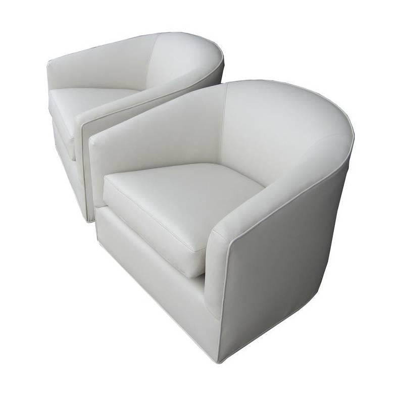 Pair of Milo Baughman White Swivel Lounge Chairs