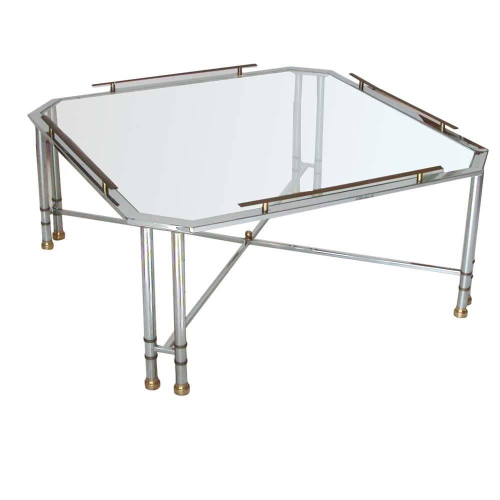 Table octogonale Jansen style mi-siècle moderne en verre et laiton chromé en vente