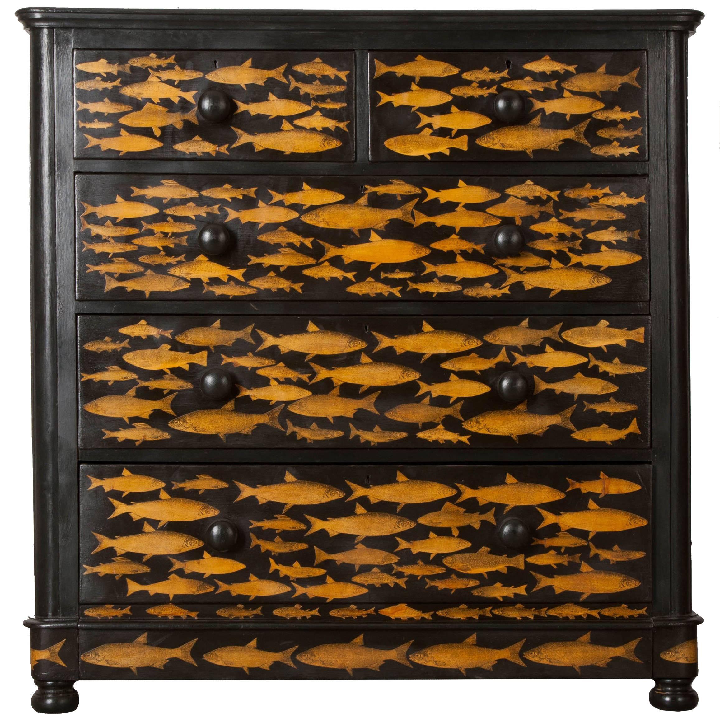 19th Century Victorian Découpage Fish Chest of Drawers