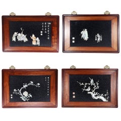 Four Chinese Huanghuali Framed Panels With Porcelain Figures and Plants
