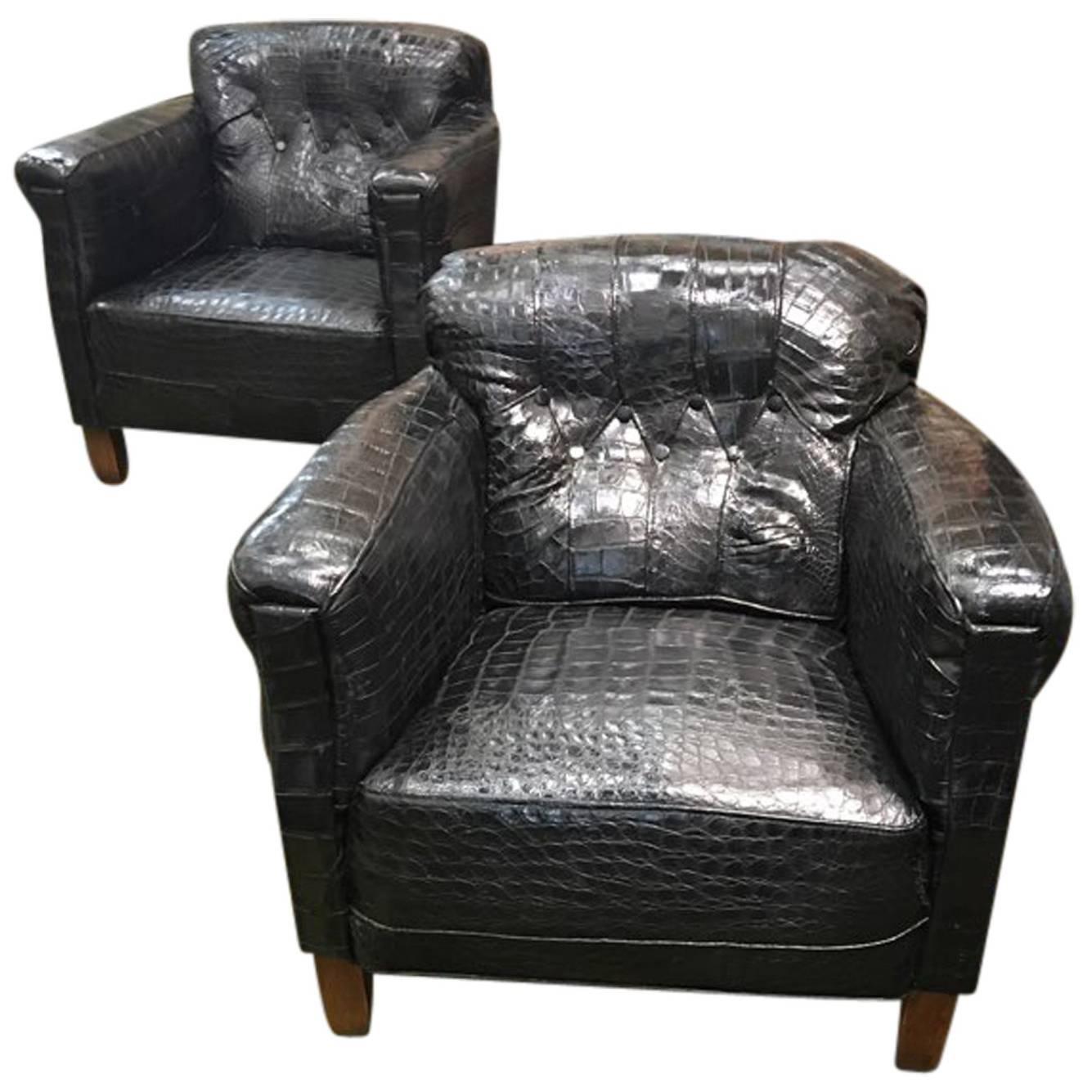 Pair of French Art Deco Framed Black Alligator Upholstered Lounge Chairs