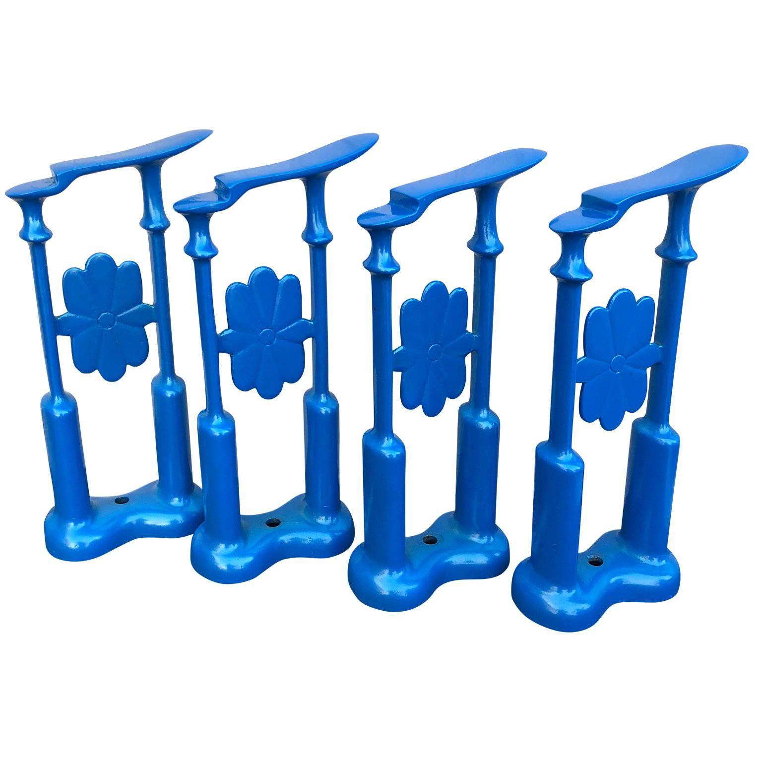 Set Of Four Decorative Blue Powder-Coated Cast Iron Shoe-Shine Stands