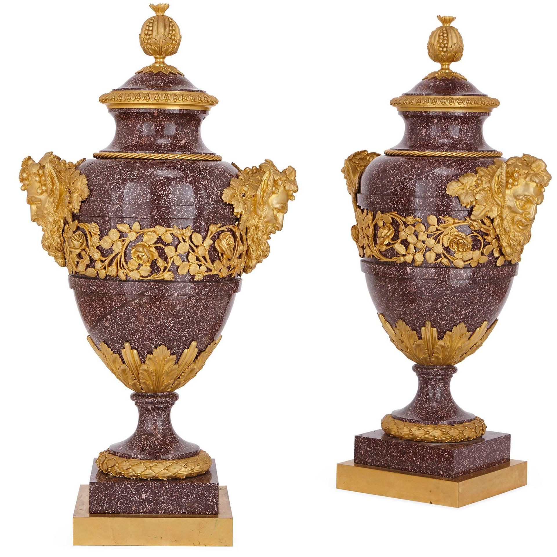 Pair of French Antique Gilt Bronze Mounted Porphyry Vases