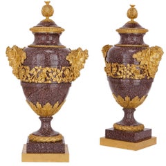Pair of French Antique Gilt Bronze Mounted Porphyry Vases