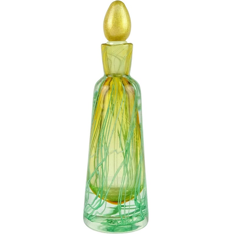 Murano Sommerso Green Ribbons Gold Stopper Italian Art Glass Perfume