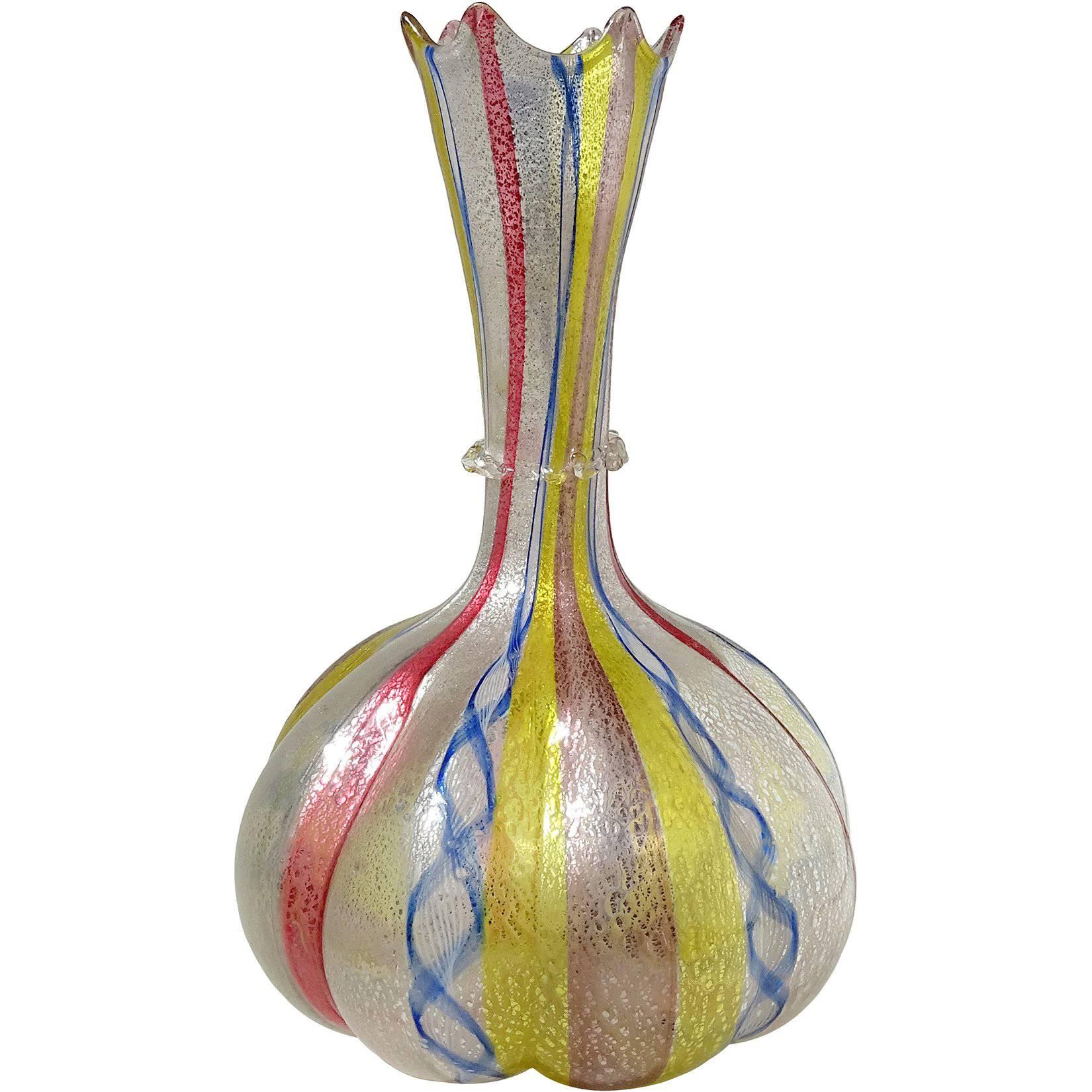 Salviati Artisti Barovier Venetian Silver Leaf Ribbon Italian Art Glass Vase