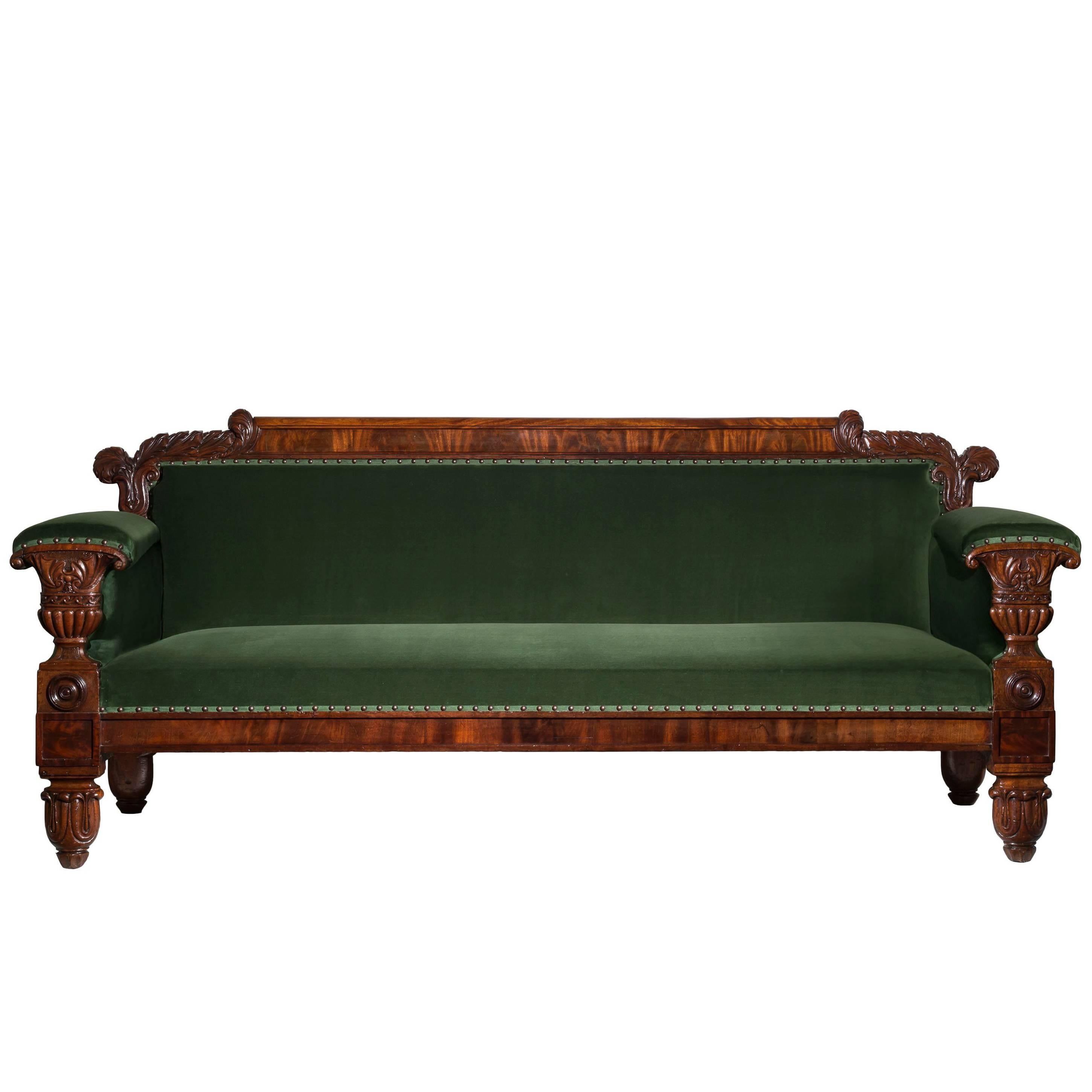 English 19th Century Regency Mahogany Sofa in Green Velvet Design by John Taylor