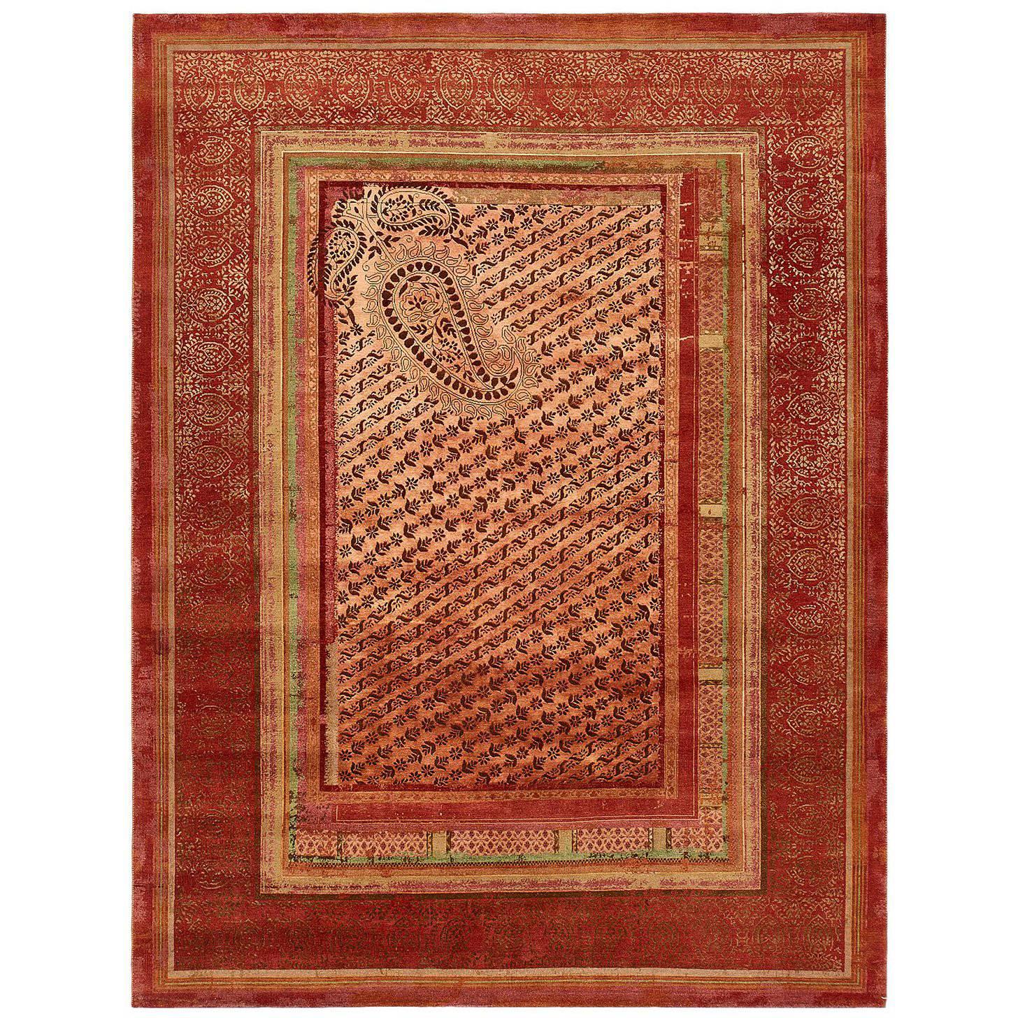 "Paisley Panorama" Red Hand-Knotted Area Rug Wool, Silk For Sale