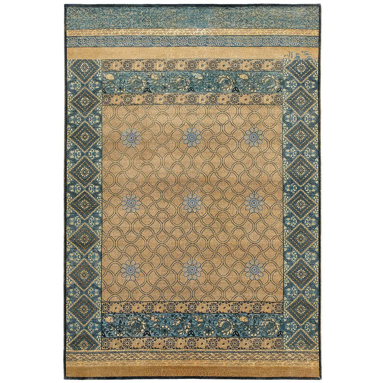 "Mahtab Bagh" Blue Beige Hand-Knotted Area Rug For Sale