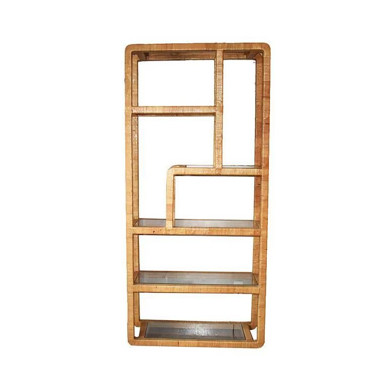 Mid-Century Rattan Wrapped Bookcase or Etagère in the Style of Milo Baughman