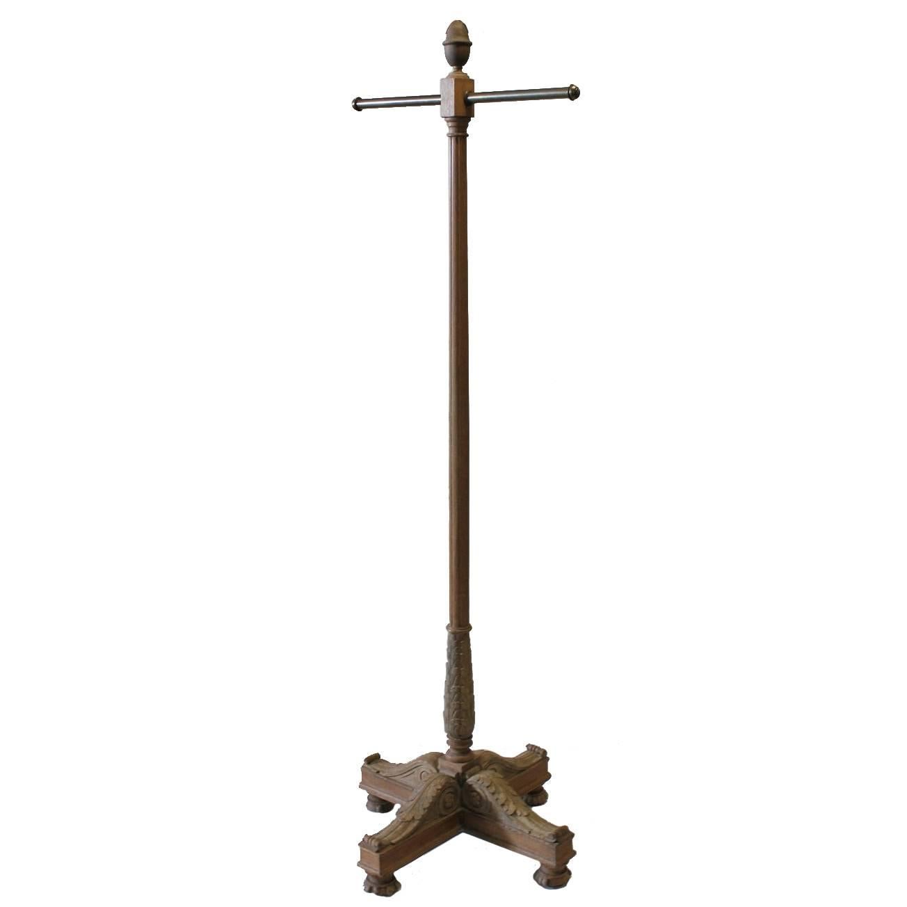 Antique Hand Carved Wood And Brass Coat Rack For Sale