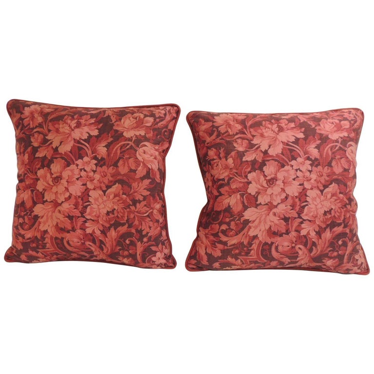 Pair of Vintage Red and Pink French Printed Linen Floral Decorative Pillows For Sale at 1stdibs