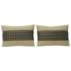 Pair of Vintage Japanese Obi Sash Lumbar Decorative Black and Gold Pillows