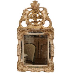 French Louis XV Style 1850s Gilt and Painted Wood Mirror with Carved Crest
