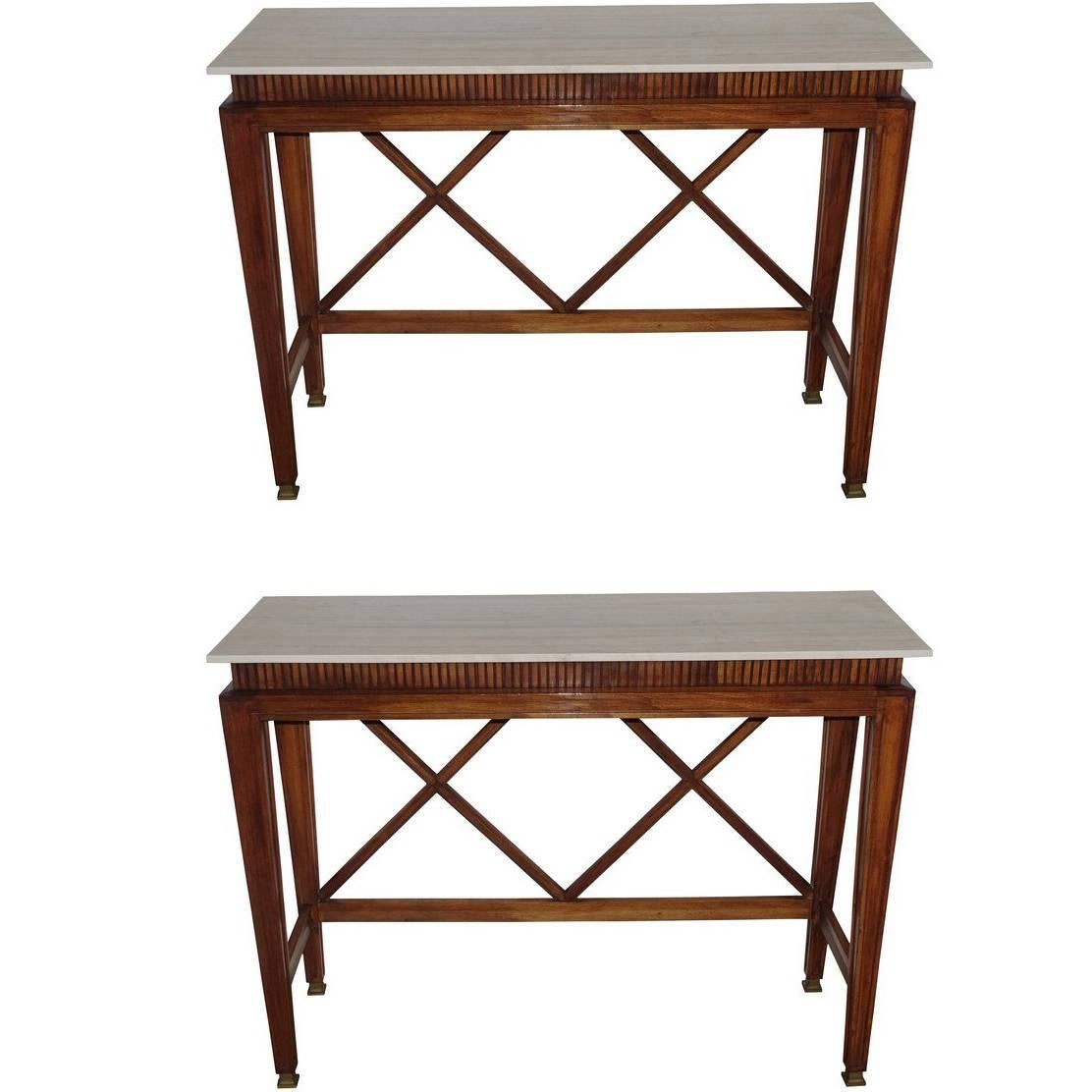 Pair of Walnut Console Tables, Italy, 1950s