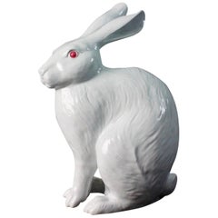 Japanese Big Pure White Rabbit Tallest Sculpture, Signed Nabeshima