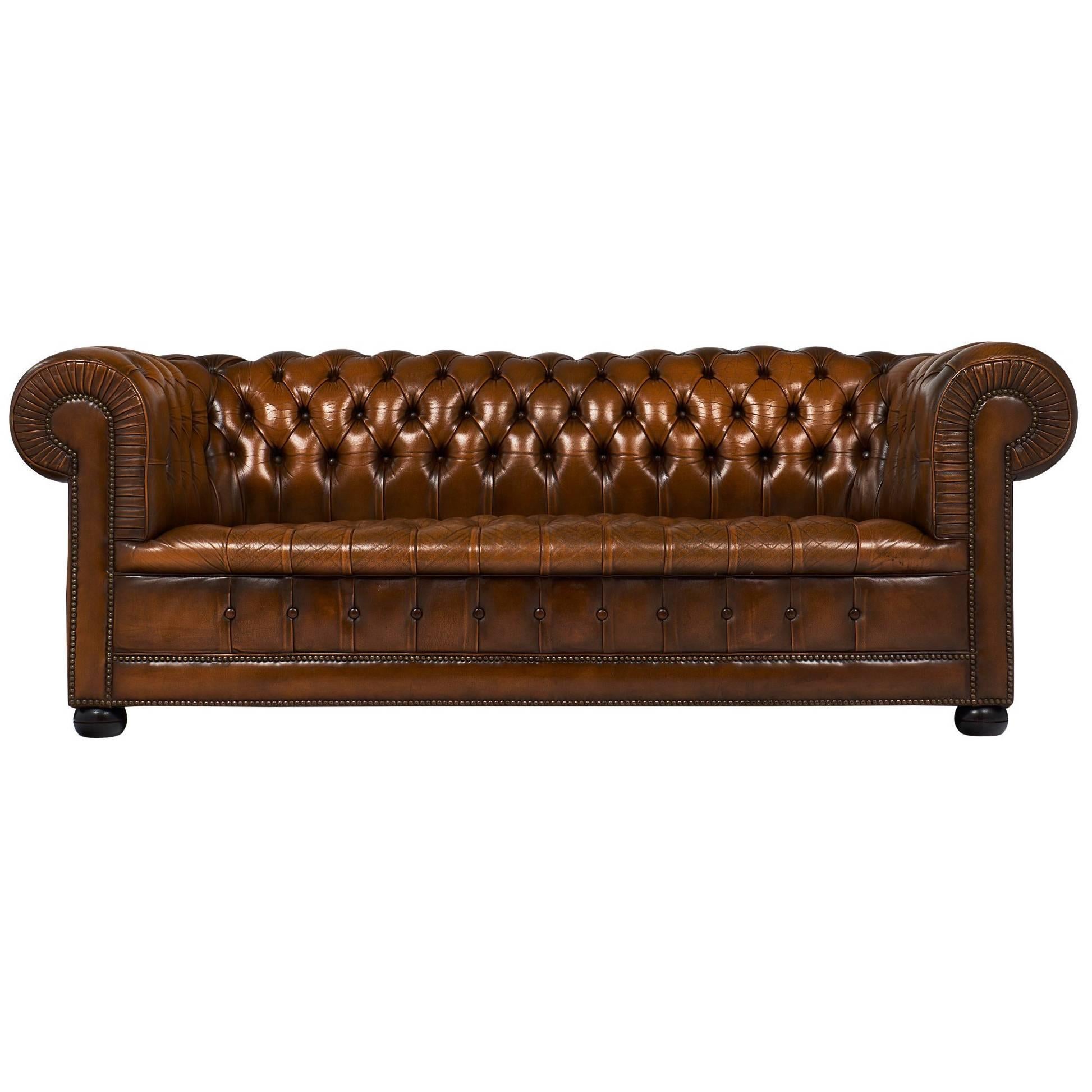 English Chesterfield Cognac Leather Sofa