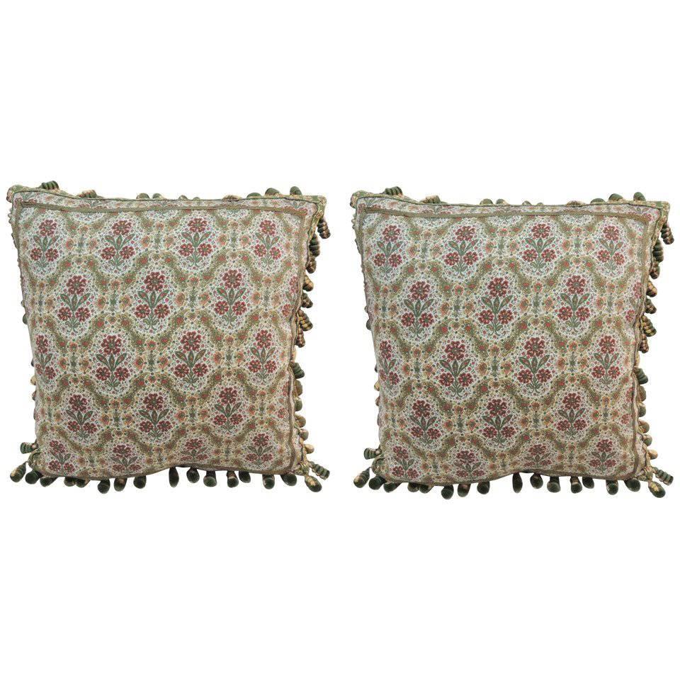 Pair of Vintage English Floral Decorative Pillows with Tassels