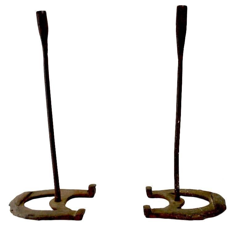 Pr. Rustic Horseshoe Wrought Iron Candlesticks