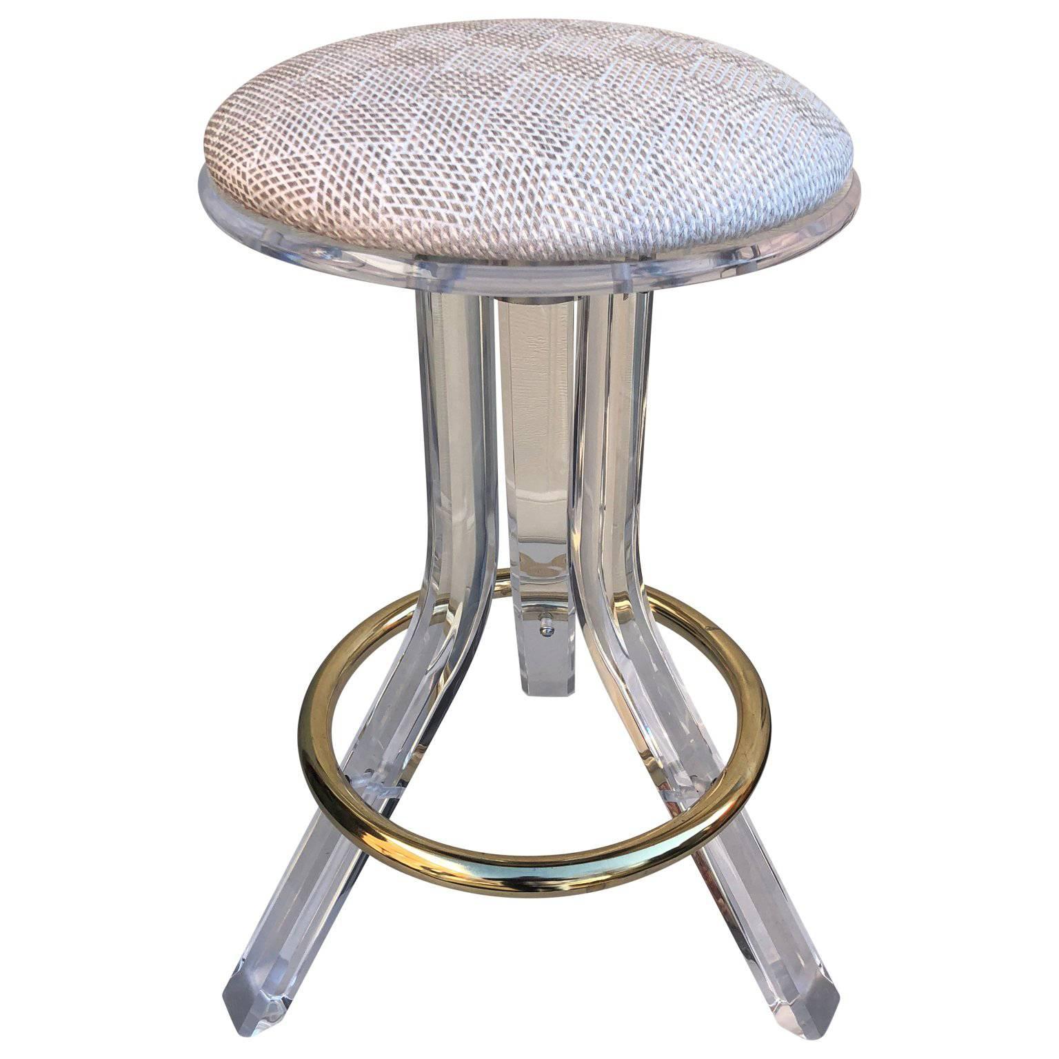 Single 1970s Lucite Vanity or Bar Stool with Brass Hardware