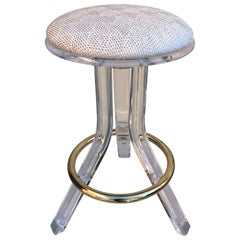 Single 1970s Lucite Vanity or Bar Stool with Brass Hardware