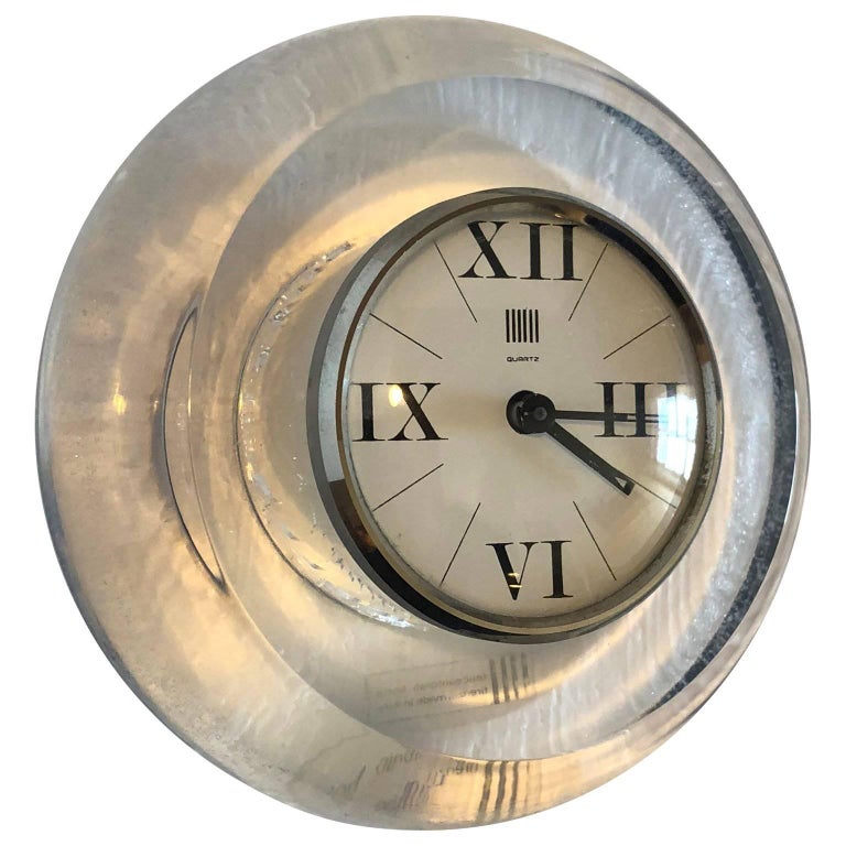 Round MidCentury Lucite Desk Clock or Mantle Clock, by F. Botta, Italy