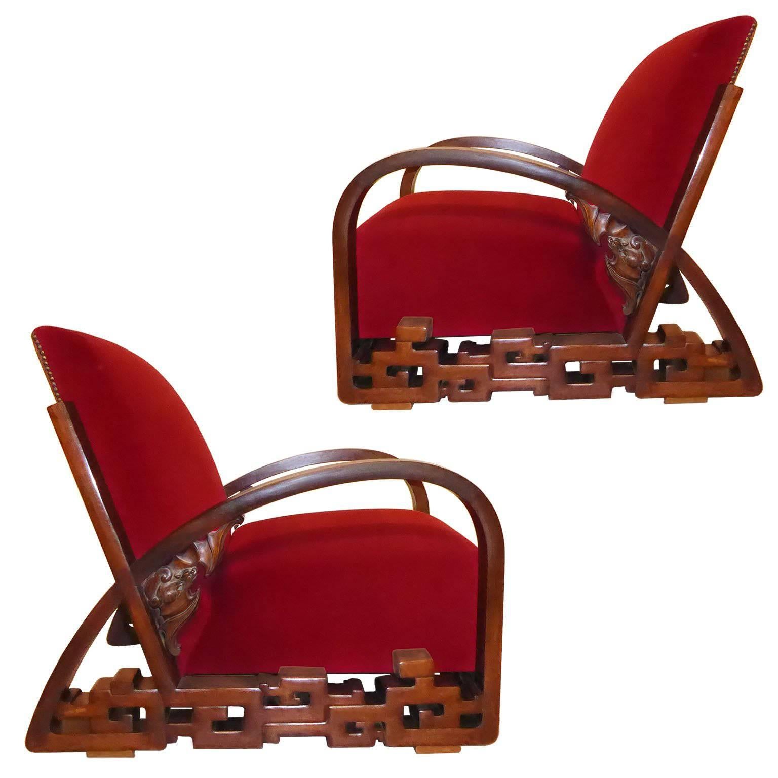 Unique Impressive Art Deco Pair of Chinese Armchairs