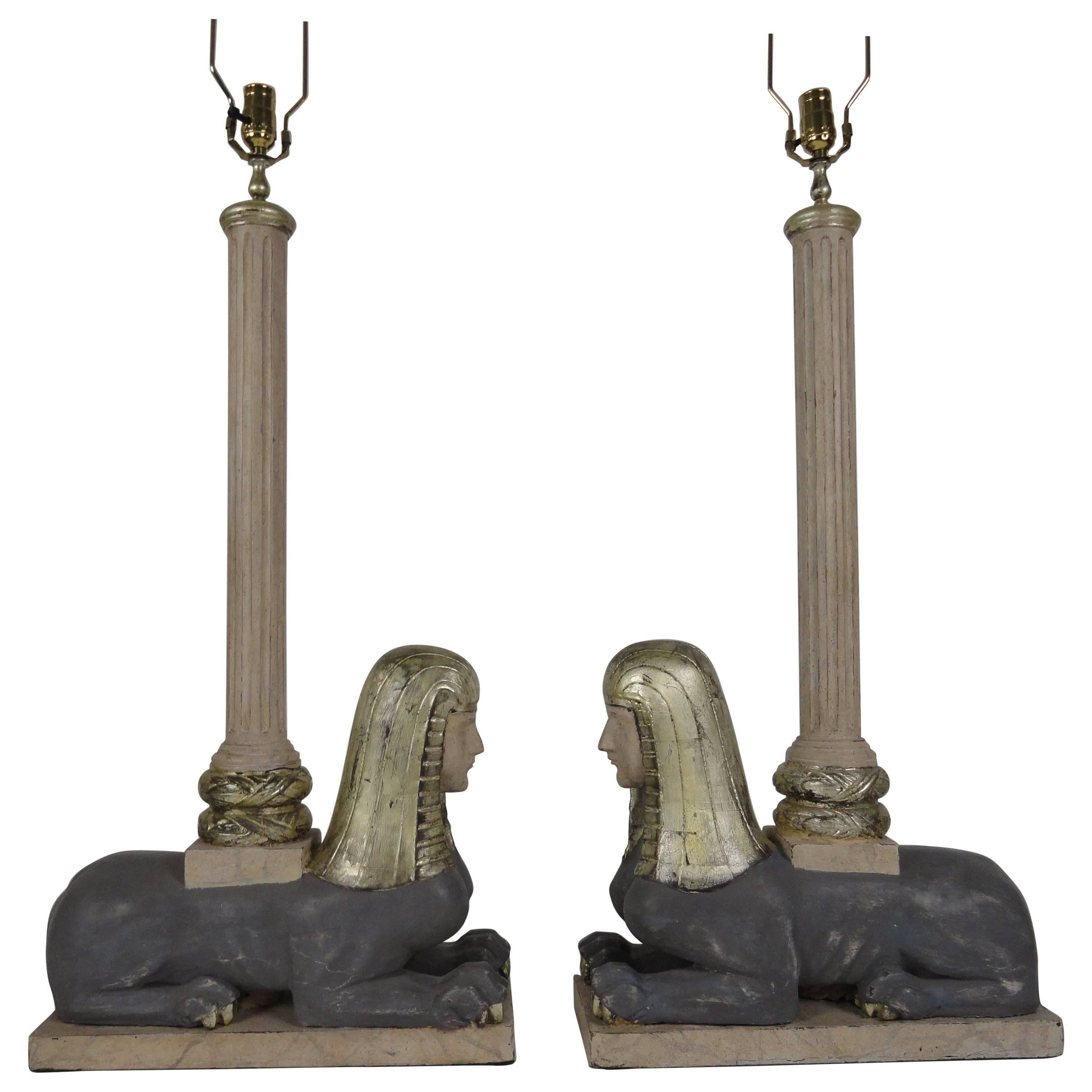 Pair of Italian Wood Sphinx Lamps in the Manner of Bugatti For Sale