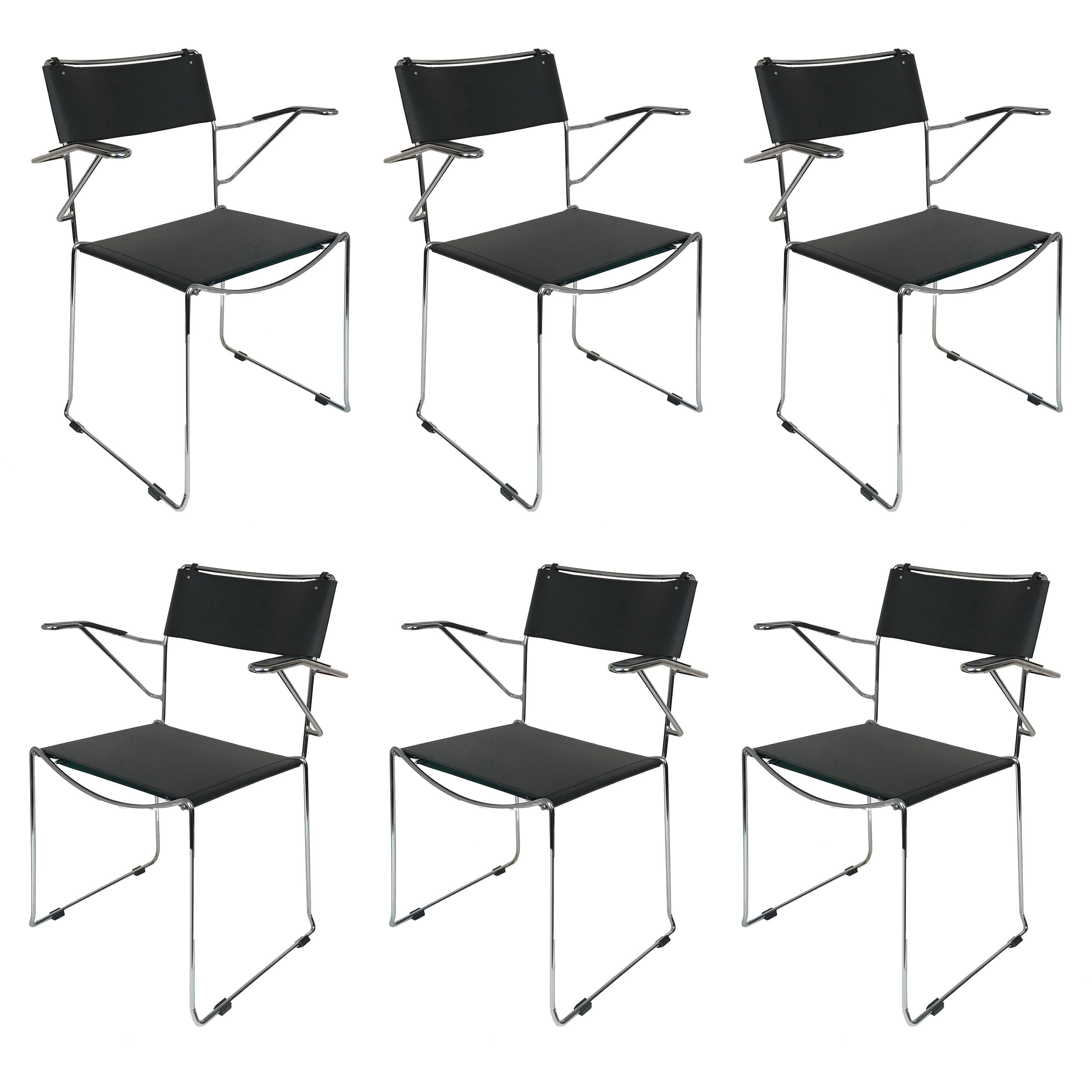 Set of Six Chair with Armrests in Steel and Leather Stackable Italian by Belotti