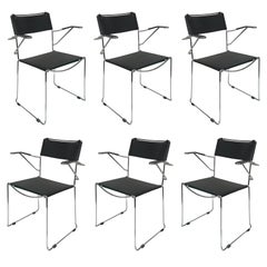 Set of Six Chair with Armrests in Steel and Leather Stackable Italian by Belotti