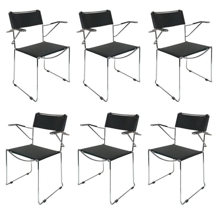 Set of Six Chair with Armrests in Steel and Leather Stackable Italian