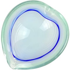Toso Murano Opalescent Optic Swirl Blue Rim Italian Art Glass Heart Shaped Bowl