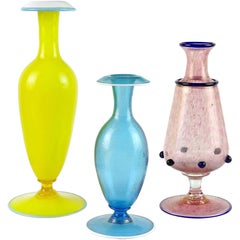 Venetian Murano Yellow Blue Pink Gold Flecks Italian Art Glass Antique Bud Vases