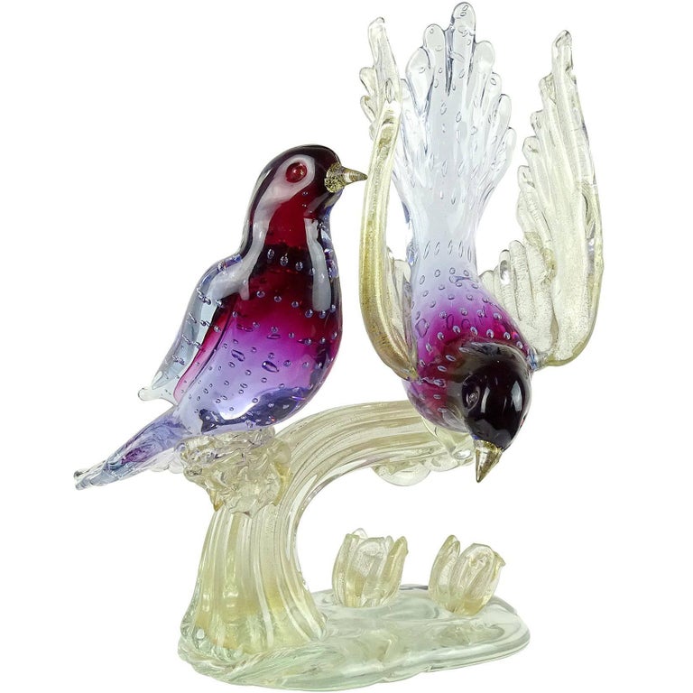 Murano Sommerso Purple Blue Gold Flecks Italian Art Glass Birds Murano Sommerso Purple Blue Gold Flecks Italian Art Glass Birds Sculpture For