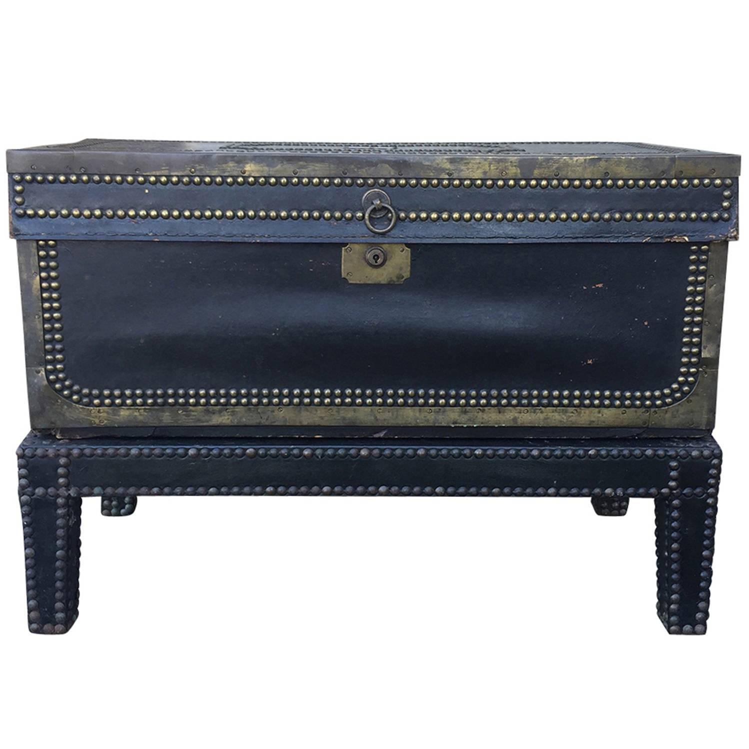 19th Century English Black Leather Trunk on Stand