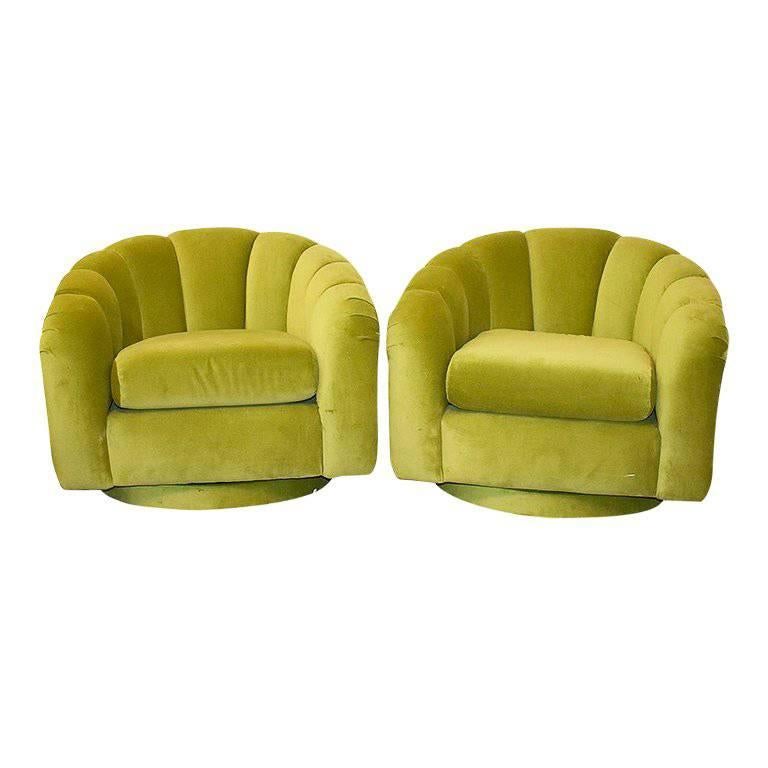 Scalloped Green Velvet Channel Swivel Chairs in the Style of Milo Baughman