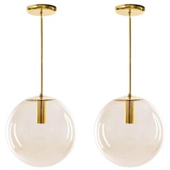 Set of Six Limburg Globe Pendant Lights, Brass and Smoked Glass, 1970s