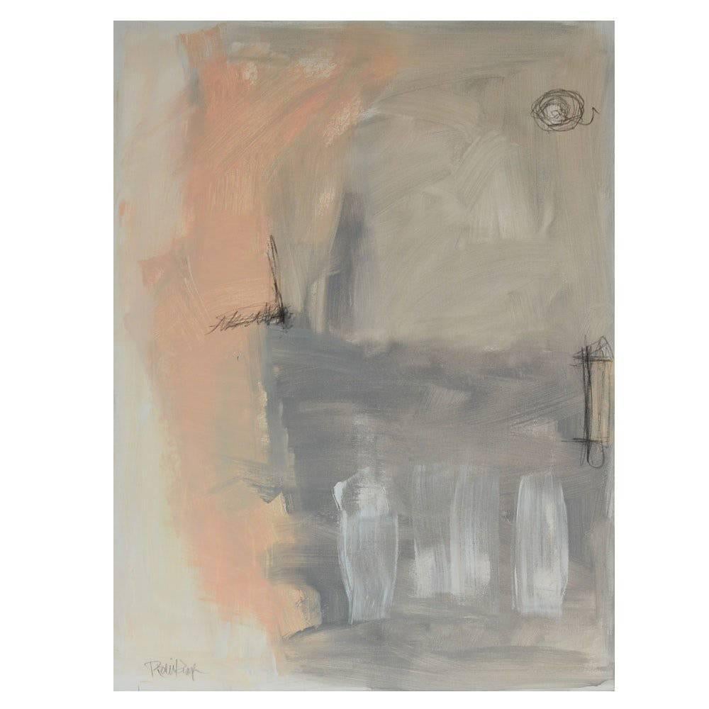 Modern Acrylic Painting on Canvas "Peach with Gray Square" by Robbie Kemper For Sale