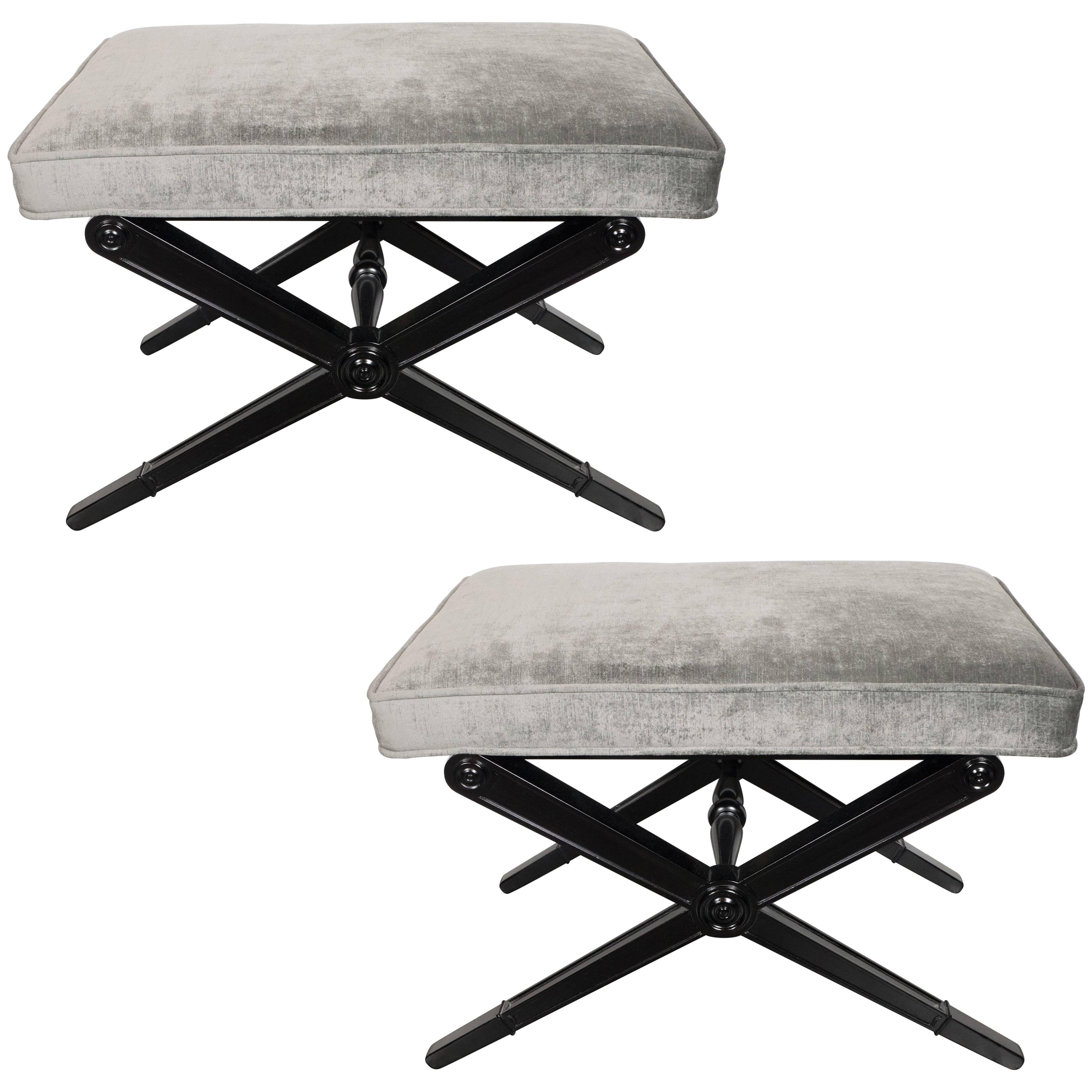 Pair of Mid-Century Modern X-Form Benches in Ebonized Walnut and Platinum Velvet