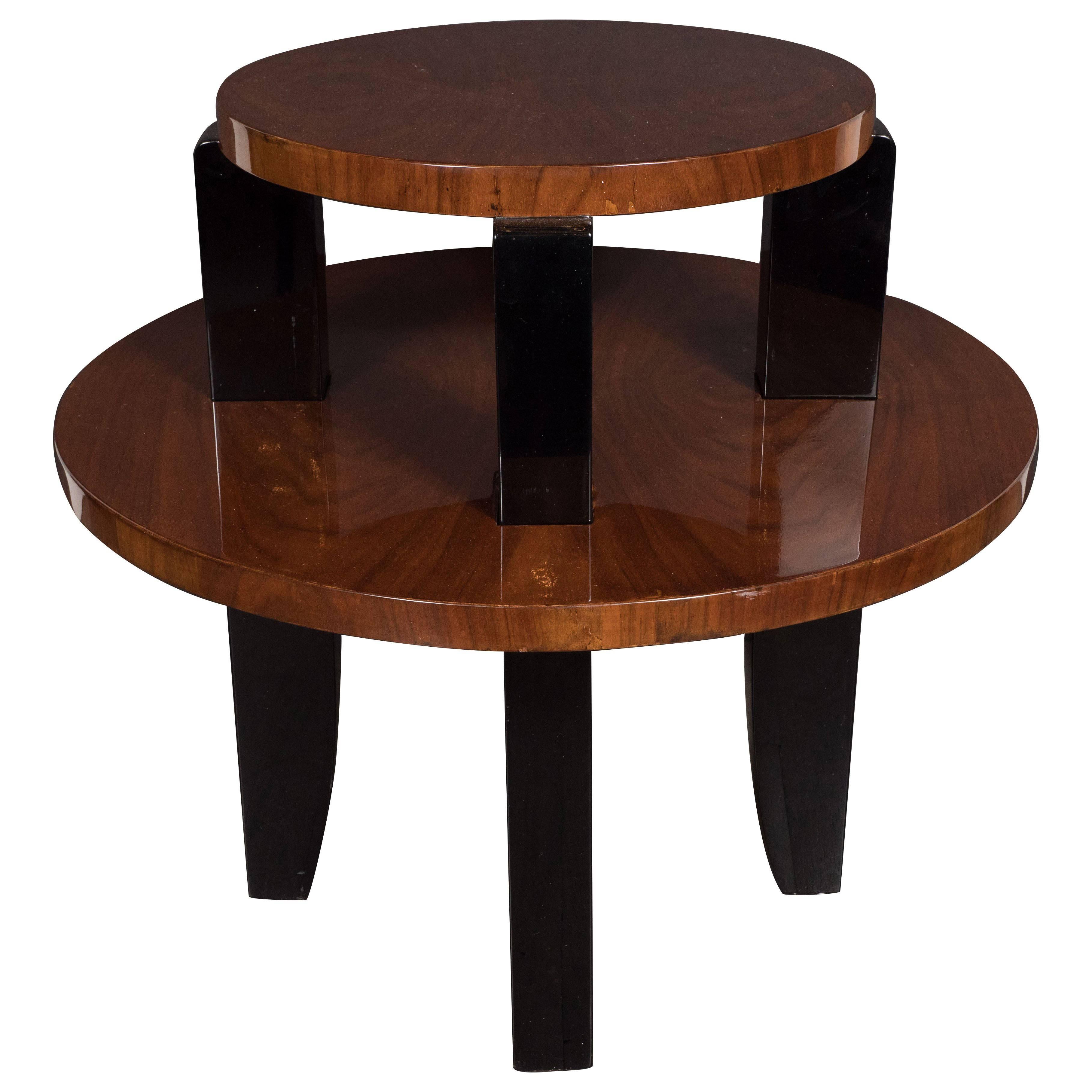French Art Deco Two-Tier Occasional/Side Table in Walnut and Black Lacquer