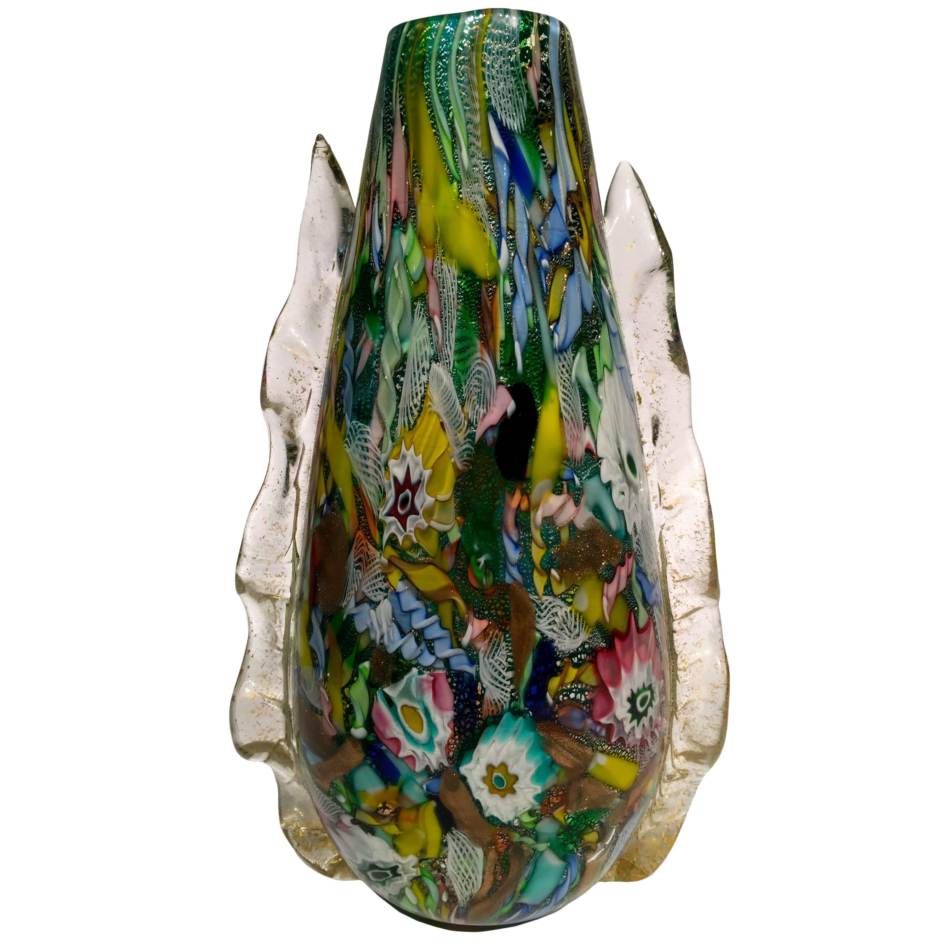 AVeM Vase , Artistic Blown Murano Glass, Multicolored and Green, circa 1950  For Sale