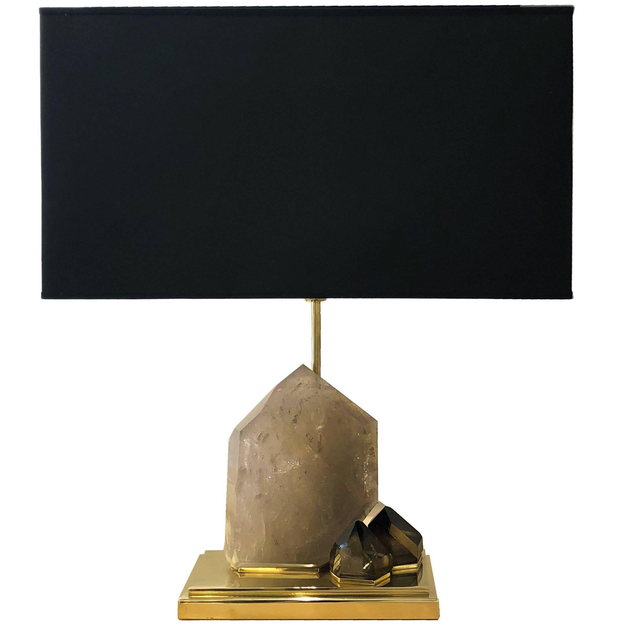 Smoke Crystal Quartz and Brass Table Lamp