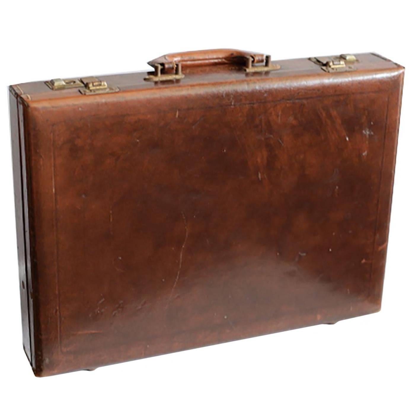 Midcentury Hand-Stitched Leather and Brass Briefcase, circa 1970