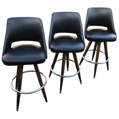 Set of Three Black Faux-Leather Bar Stools